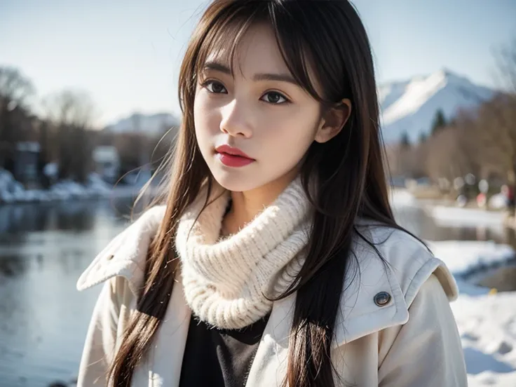 Beatifull girl, long brown layer hair, see through bangs, jacket, winter, morning