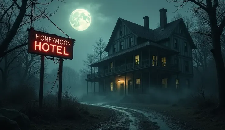 "A desolate and eerie scene set in the dead of night, featuring an abandoned, haunted hotel with a weathered sign that reads Honeymoon Hotel in flickering, dim lights. The building is surrounded by a dense, foggy forest, with broken windows, creeping vines...