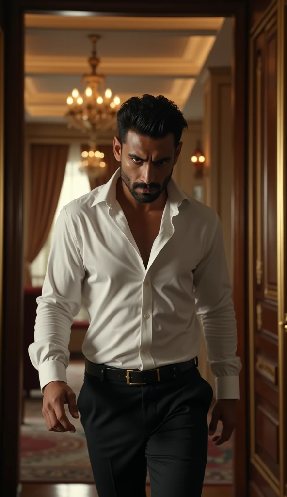 30 year indian young handsome man standing in angry face, wearing white shirt and black pant, leaving room, back pose, luxurious interior, luxury house, detailed image, detailed face,  cinematic scene, cinematic lighting, ultra realistic, hyper realistic, ...