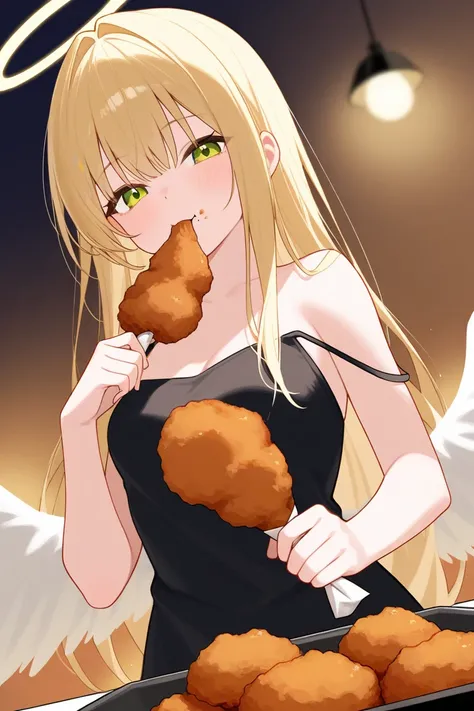 Blonde angel eating bite-sized fried chicken