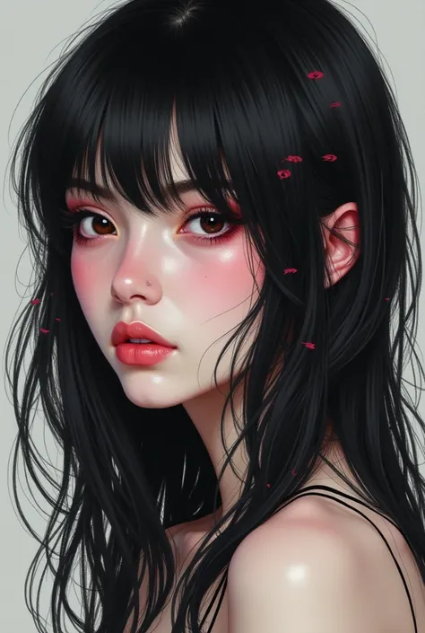 A drawing of my black hair with pink highlights, a tender but dark woman