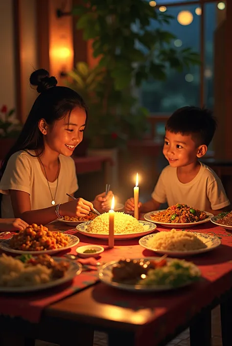 Filipino family eating traditional food night time