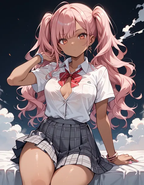 BREAK 1girl,gyaru,Smoky pink hair color ,twintail hair,long hair,wavy hair,large ass, thin thighs,small perky breasts , (dark skinned female:1.3),BREAK (school uniform), (white collared shirt, plain pattern shirt, short sleeves, shirt tucked in:1), (red pl...