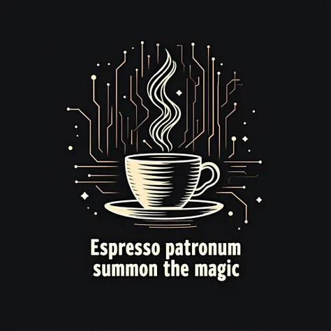 "Espresso patronum—summon the magic"  Imagine a sleek graphic with a steaming coffee cup intertwined with circuit lines, representing the connection between caffeine and technology. Add some cool, digital fonts for the phrase, and maybe even a small robot ...