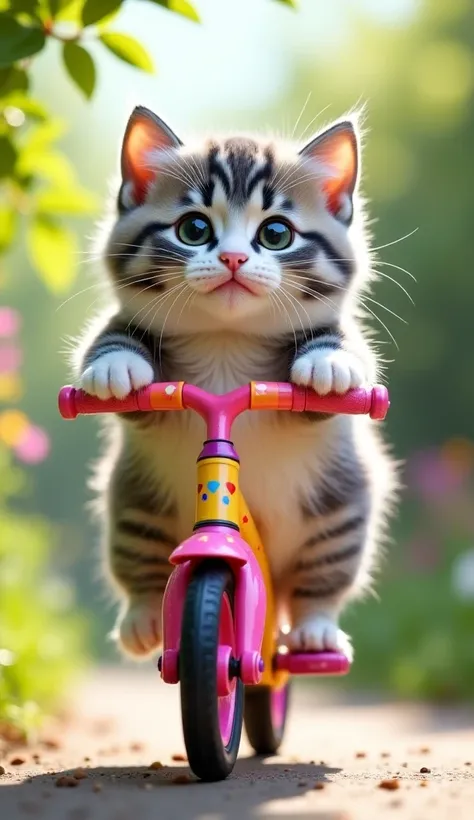 Fat kitten riding a bicycle