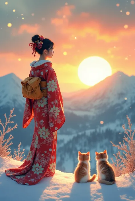 Winter Mountain、Japan、kimono、A human woman watches the sunrise 、 cute kittens watch the sun rise、New Year、s greatest masterpiece、