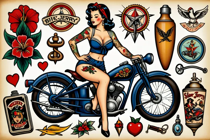 an old school tattoo of a girl and bike and other items, a tattoo, sailor jerry tattoo flash, tatoos, pin-up, tattoo graphics