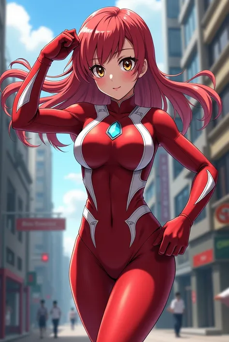 My Hero Academia Style , Anime girl, female, young female ,Full Body Shot,(fighting Pose:1.3),Long hair, Red Hair,  Brown Eyes,Hero Suit, Full Body Suit, red suit with white details,small round blue jewel in the center of the chest, perfect anatomy,  Tough...