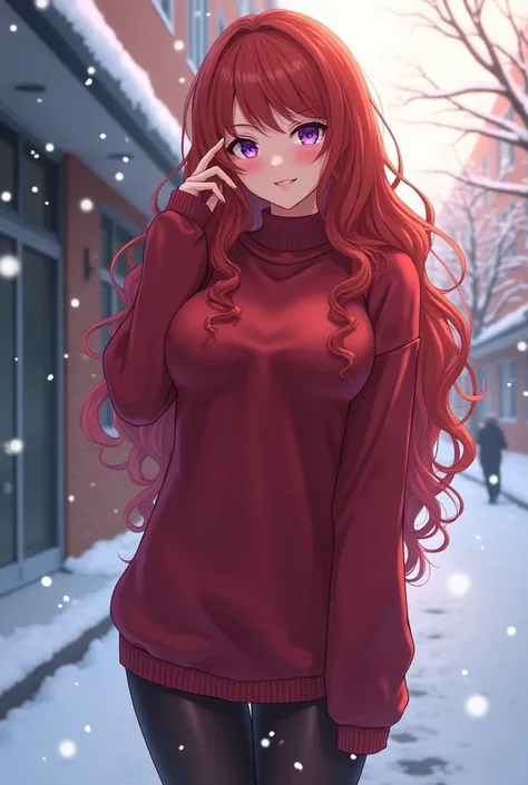 anime female, long red curly hair, purple eyes, red sweater, black short pantyhose, snowing, school background, big breast, lip gloss, 