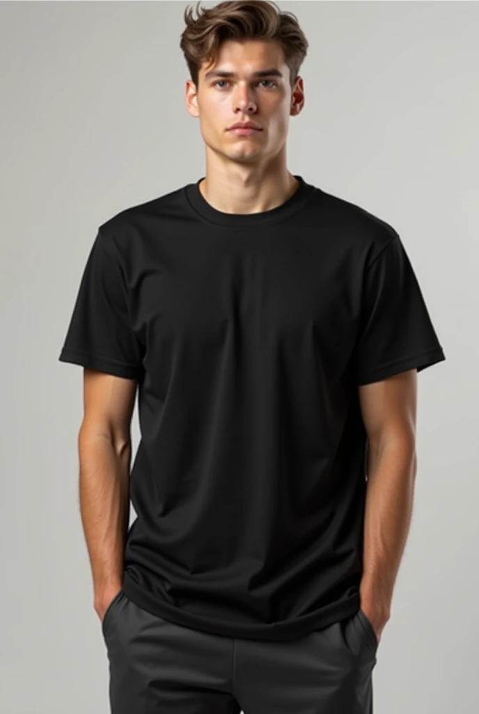 make mock up black plain t-shirt size XL with young male model