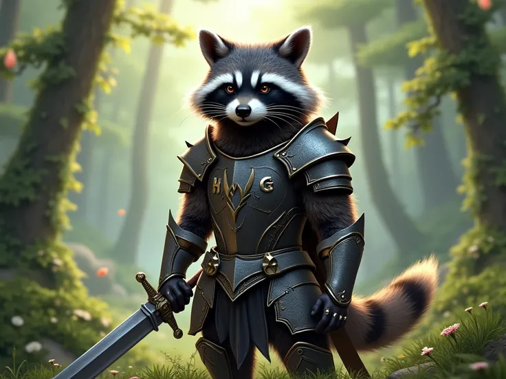  An ordinary raccoon wearing armor carrying a sword. HWG is written on the armor.