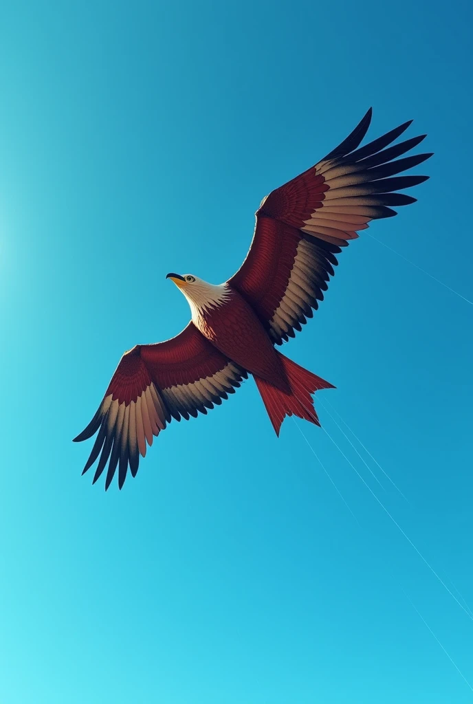 (The eagle kite is finished): An image of the large eagle kite, spread out against the blue sky, showing Ans pride. Use a low angle shot to enhance its grandeur.