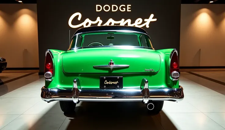 A Dodge Coronet muscle car, model 1956, in a striking parrot green and black color scheme. The car is displayed indoors in a luxurious showroom with polished floors and modern lighting, designed for a YouTube presentation. The vehicle is positioned for a s...