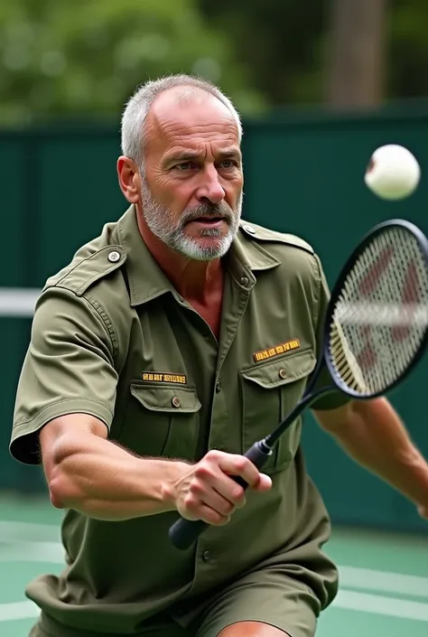 Mature man playing badminton wearing army shirt