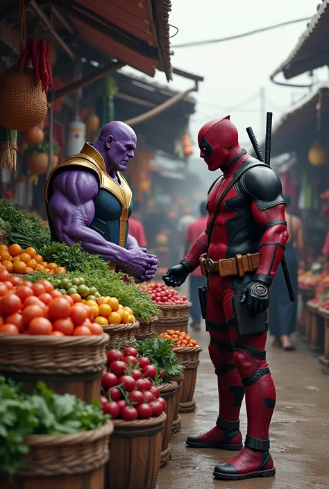 Thanos selling vegetables in a traditional Indonesian market meets Deadpool while selling catfish pecel 