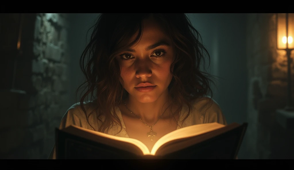 Trying to read the book, and the light emanating from it is illuminating the entire basement. The shadow is retreating from the light, and Zaris face shows signs of courage.
