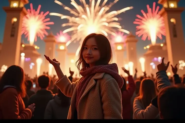 A vibrant and festive New Year  scene at night, featuring a crowd of people celebrating outdoors. The focus is on silhouetted figures with their hands raised in joy and excitement, facing a dazzling display of fireworks lighting up the night sky. The firew...