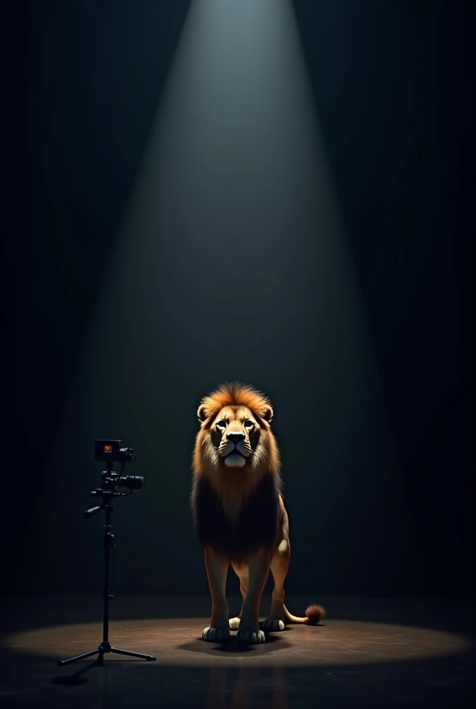 
"A majestic lion standing alone on a dark stage, lit by a single spotlight. The background is a deep, dark setting with subtle lighting accents. A camera is visible on the stage, capturing the lions regal presence."
.