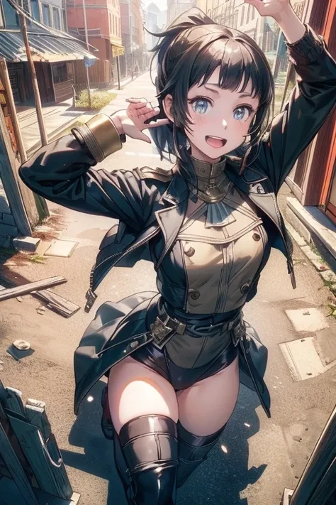 (from above:1.2),(perky chest:1.2), (pointed chest:1.2),(portrait), (1girl black hair, ponytail, brown eyes, happy smile, breath, closing eyes), (army coat, leotard, thighhighs, thigh holster), (fingerless gloves, boots), (standing, stretch, arms up), (out...