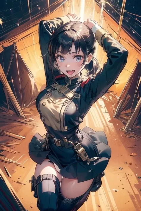 (from above:1.2),(perky chest:1.2), (pointed chest:1.2),(portrait), (1girl black hair, ponytail, brown eyes, happy smile, breath, closing eyes), (army coat, leotard, thighhighs, thigh holster), (fingerless gloves, boots), (standing, stretch, arms up), (out...