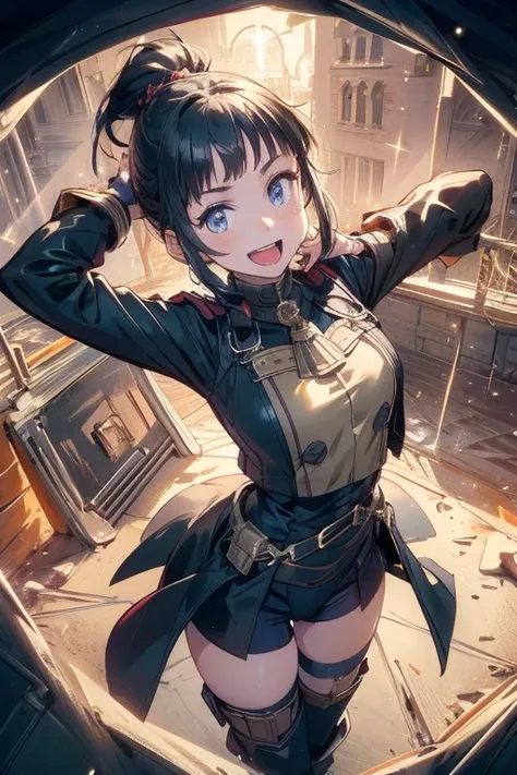 (from above:1.2),(perky chest:1.2), (pointed chest:1.2),(portrait), (1girl black hair, ponytail, brown eyes, happy smile, breath, closing eyes), (army coat, leotard, thighhighs, thigh holster), (fingerless gloves, boots), (standing, stretch, arms up), (out...