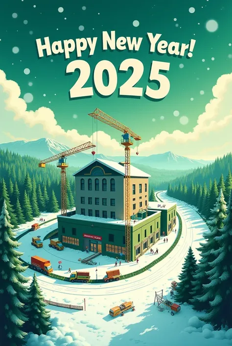 happy new year poster. one big construction building site. schwing stetter plant is on the road.  Happy new year 2025 written in sky. all pictures are in green snow 