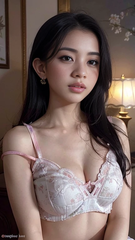 A young girl in a white saree with a floral pink design, no pallu, wearing an elegant, puffy pink blouse exposing deep cleavage, (small round breasts:1.3), with a curvy figure, (best quality,4k,8k,highres,masterpiece:1.2),ultra-detailed,(realistic,photorea...