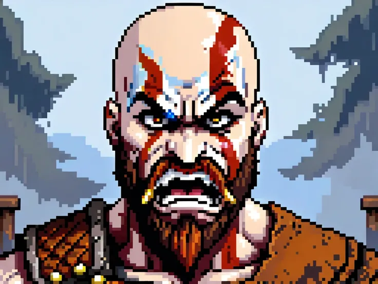 Kratos with an extremely angry expression，pixel art