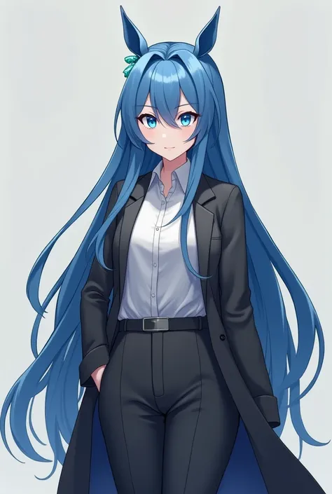  anime figure, human character, woman, blue blue hair., Long straight, with a horse face ,  sharp blue eyes, but at the same time soft, white skin , Sharp face,  shirt, Dark grey pants,  Long coat covered in dark gray , 