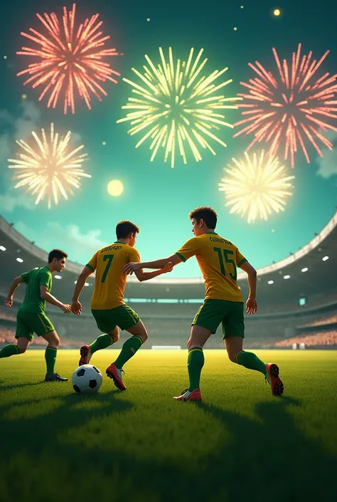 Happy new year greetings, soccer field, soccer ball, fireworks, green and yellow