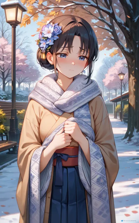 
((Hakama)),((Long-sleeved kimono)),((winter)),
((masterpiece)),
((best quality)),  flower hair ornament with bun head ,
((high quality)), romantic low bun,
((ultra high res)), 
((female)), 
((high quality)), ((sad)), 
((bashfulness)), 
((blush)), 
((shyne...