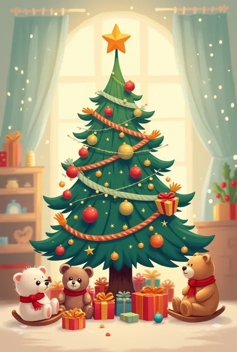 Happy new year! Cute poster with Christmas tree and toys