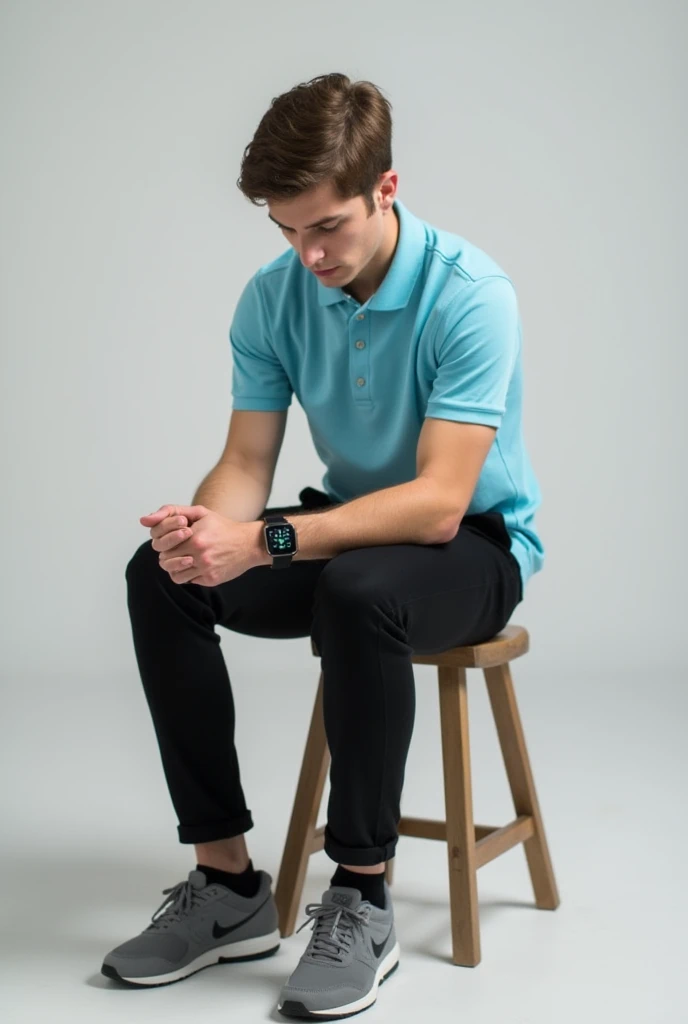 The image shows a person sitting on a stool, wearing a light blue polo shirt and black pants. They have short brown hair and are holding their knees with both hands. And gray sports shoes and smart watch