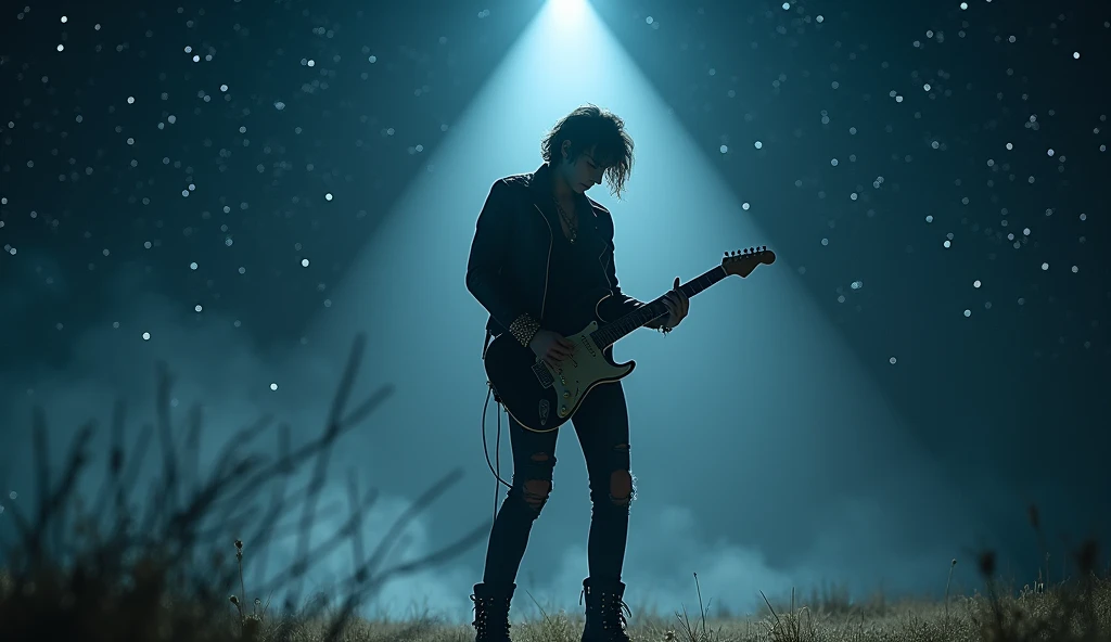 A melancholic and cinematic scene of a cool young man with a rockstar appearance playing an electric guitar under a vast night sky filled with shimmering stars. He stands in a dramatic spotlight, dressed in a black leather jacket, ripped jeans, and heavy b...