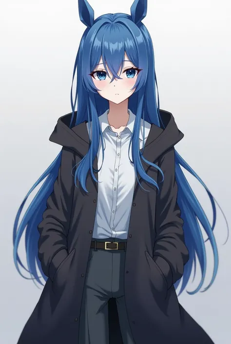  anime figure, human character, woman, blue blue hair., Long straight, with a horse face ,  sharp blue eyes, but at the same time soft, white skin , Sharp face,  shirt, Dark grey pants,  Long coat covered in dark gray , There are no animal ears.