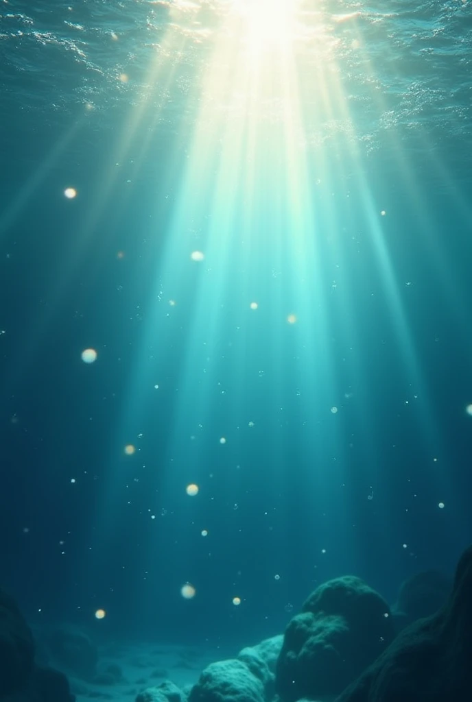 "An underwater scene showing shimmering sunlight filtering through the surface, illuminating small air bubbles and creating a mystical and tranquil effect."

