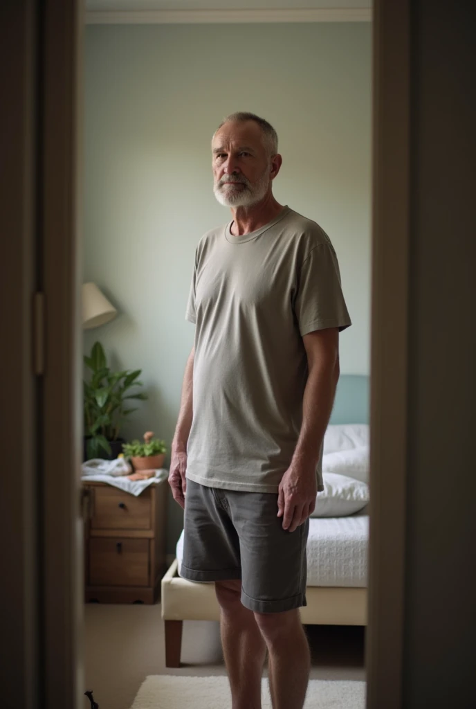 serene photo of a 40yo man in t shirt and shorts standing in his bedroom