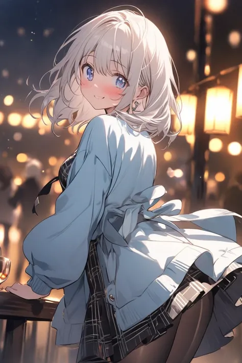 A cute anime girl with short straight silver hair and beautiful sparkling blue eyes, blushing with slightly red cheeks, creating a shy but charming expression. She is wearing a light blue sweater and a checkered mini skirt paired with black stockings. Her ...