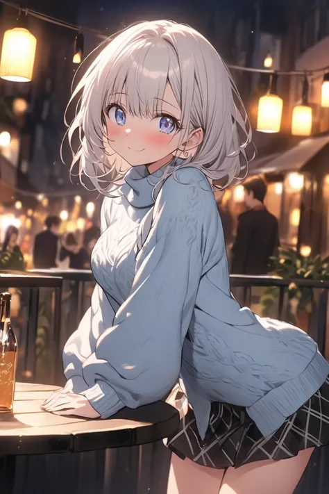 A cute anime girl with short straight silver hair and beautiful sparkling blue eyes, blushing with slightly red cheeks, creating a shy but charming expression. She is wearing a light blue sweater and a checkered mini skirt paired with black stockings. Her ...