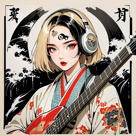 (((Ink Painting))),  fashion portrait color photo playing electric bass, (((Twins))), (((Tattoo in the center of the forehead))), ((( shiny blonde gray ))), ((( flashy makeup))), Japanese style headphones, Bob, Front View, Japan人の美少女,  black hair, Delicate...