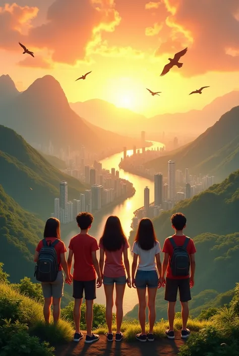 The Disney-Pixar style 3D poster features five Indonesian teenagers seen from behind, facing the sunrise from a hilltop. They are dressed in casual clothes with a relaxed style, reflecting each of their unique personalities. 

The background is a beautiful...