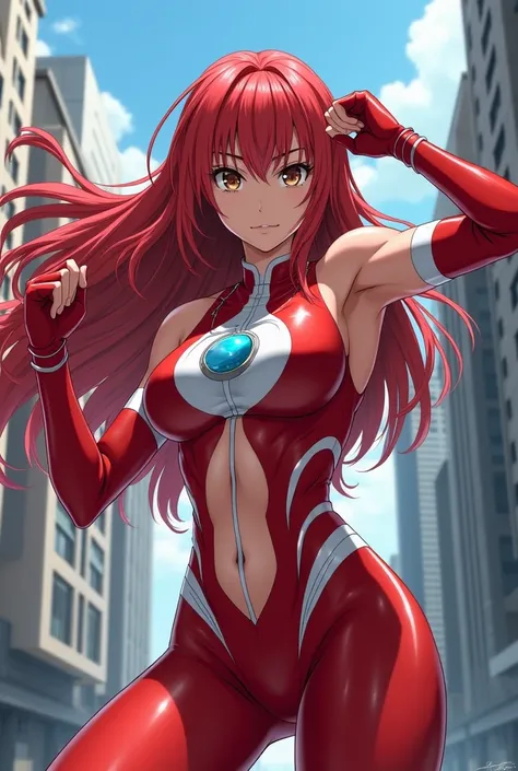 My Hero Academia Style , Anime girl, female, young female ,Full Body Shot,(fighting Pose:1.3),Long hair, Red Hair,  Brown Eyes,Hero Suit, Full Body Suit, red suit with white details,small round blue jewel in the center of the chest, perfect anatomy,  Tough...