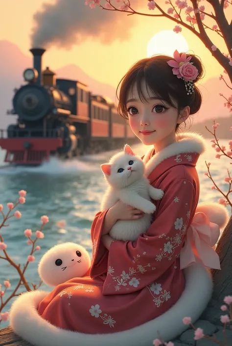 s greatest masterpiece、Japan&#39;s Seas、Lovely girl holding a cute kitten、Steam locomotive、Winter Scenery、 sunrise、Meiji period、retro、cute white snake 、coastal、