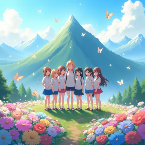  Six girls stand on the top of the mountain and smile happily，Surrounded by flowers and butterflies 