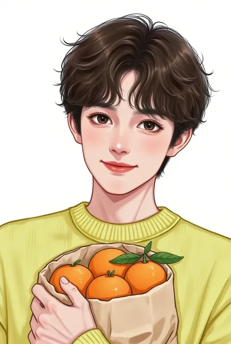 Close-up of a man holding a bag of oranges,  cute art style, 🍁  cute, realistic  cute girl painting,  trending on artstrations , ❤🔥🍄🌪,  beautiful painting style ,  cute illustration, ruan  cute vtuber,  cute digital art,  cute cartoon, season!! : 🌸 ☀ 🍂 ❄, ...