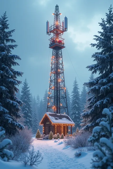 The cell phone tower in winter in the forest is decorated with Christmas decorations 