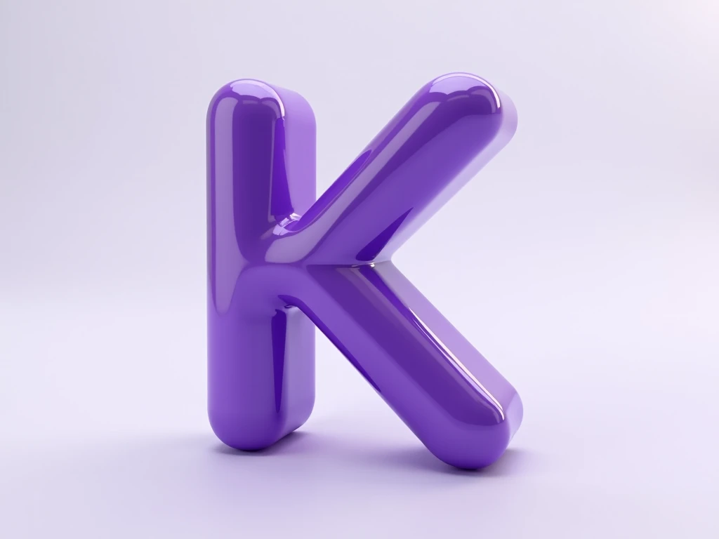 The purple K ,  with a shadow under .  finish is rounded, and the , 3D stereoscopic logo with reflective surface, Floating in the air .