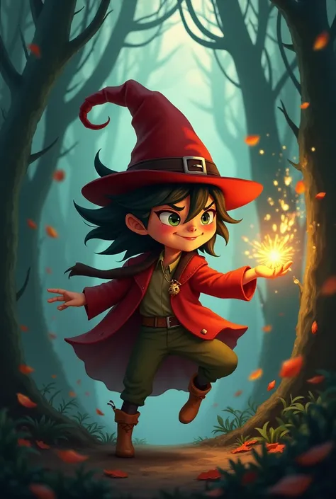 The Saci-Pererê swirling in the air in a whirlwind of wind ,  his mischievous features and the red hat standing out against the darkness of a shady forest.  Small sparks and flying leaves add to the feeling of magic .