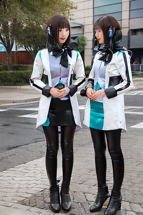   A woman is interviewing female students  。  female students are wearing latex catsuits。A 