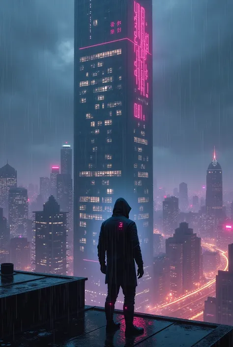 Prompt:
"A futuristic cyberpunk city skyline pierced by a colossal, neon-drenched skyscraper housing a secret AI research facility. Rain streaks down the windows, reflecting the vibrant hues of the city lights below. A lone, hooded figure with glowing cybe...